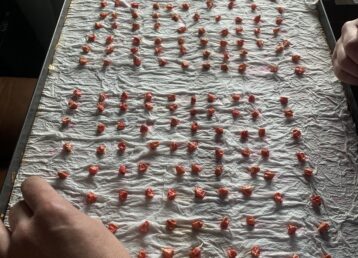 Hands arranging small items on a sheet.
